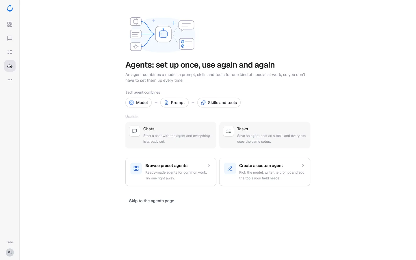Agents introduction: each agent combines a model, a prompt, and skills and tools