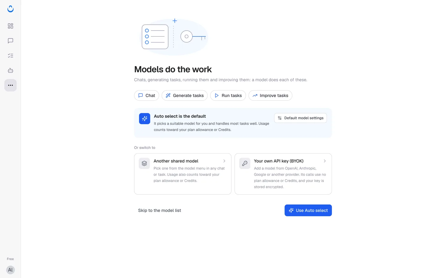 The Models do the work intro: Auto select is the default, or switch to another shared model or your own API key