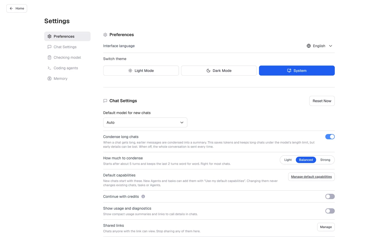 Settings with Preferences and Chat Settings