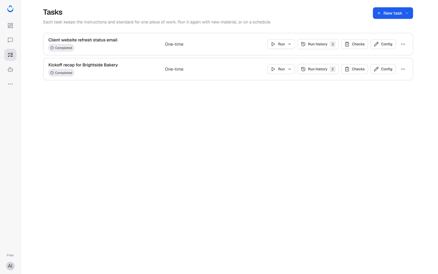 The Tasks list with two saved tasks, each with Run, Run history, Checks and Config buttons