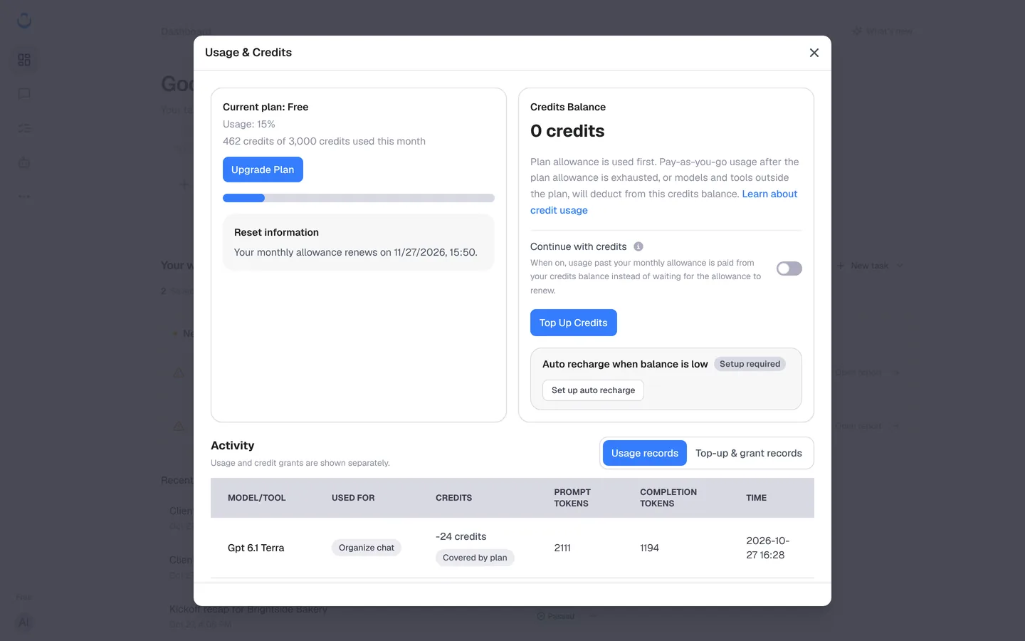 Usage & Credits: current plan and monthly usage, reset date, credits balance, Continue with credits, Top Up Credits, auto recharge and usage records