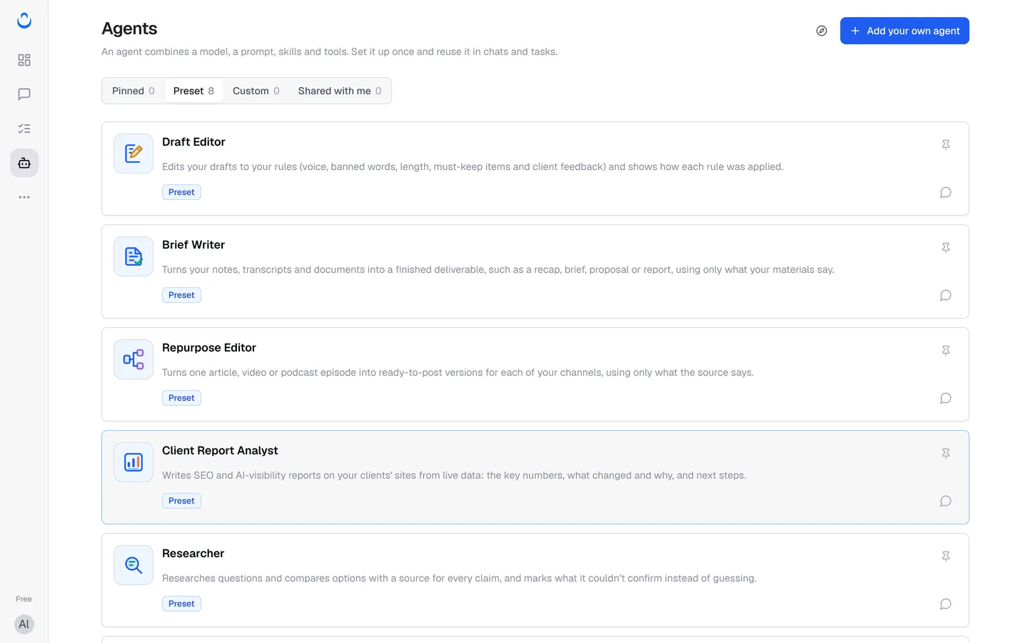 Agents page with the Pinned, Preset, Custom and Shared with me tabs