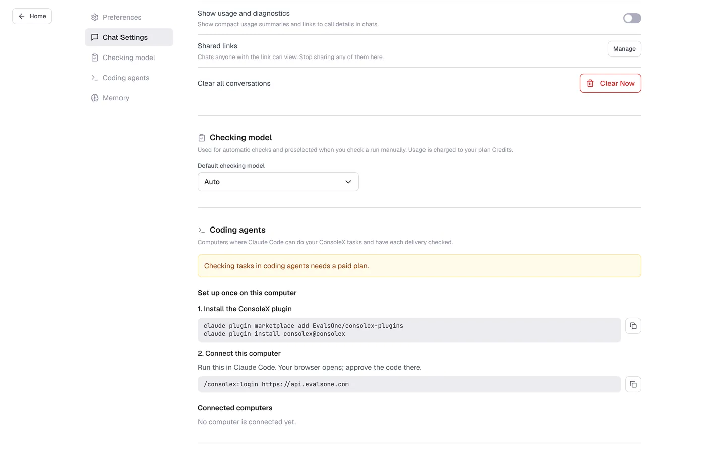 Chat Settings continued, and the Checking model section