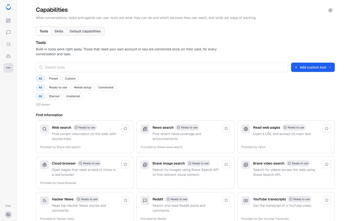 The Tools tab in Capabilities, with filters and tool cards