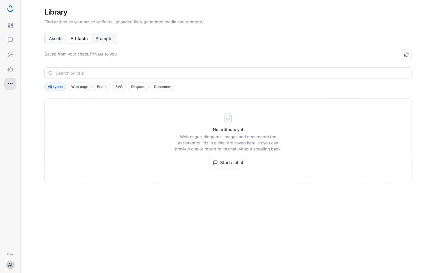 Library, Artifacts tab with search and type filters