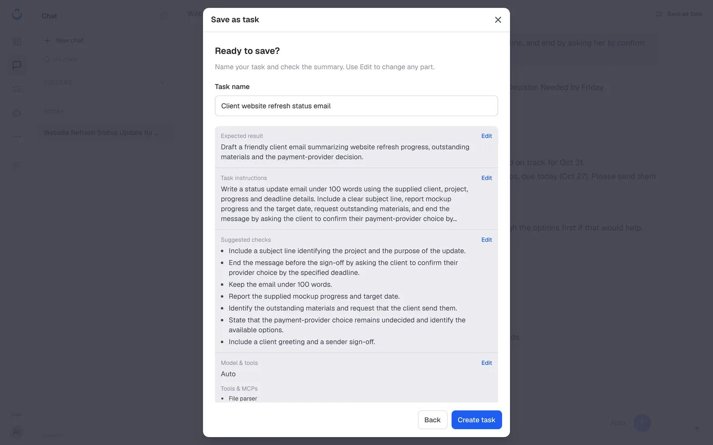 The Ready to save? summary with Task name, Expected result, Task instructions and Suggested checks, each with Edit