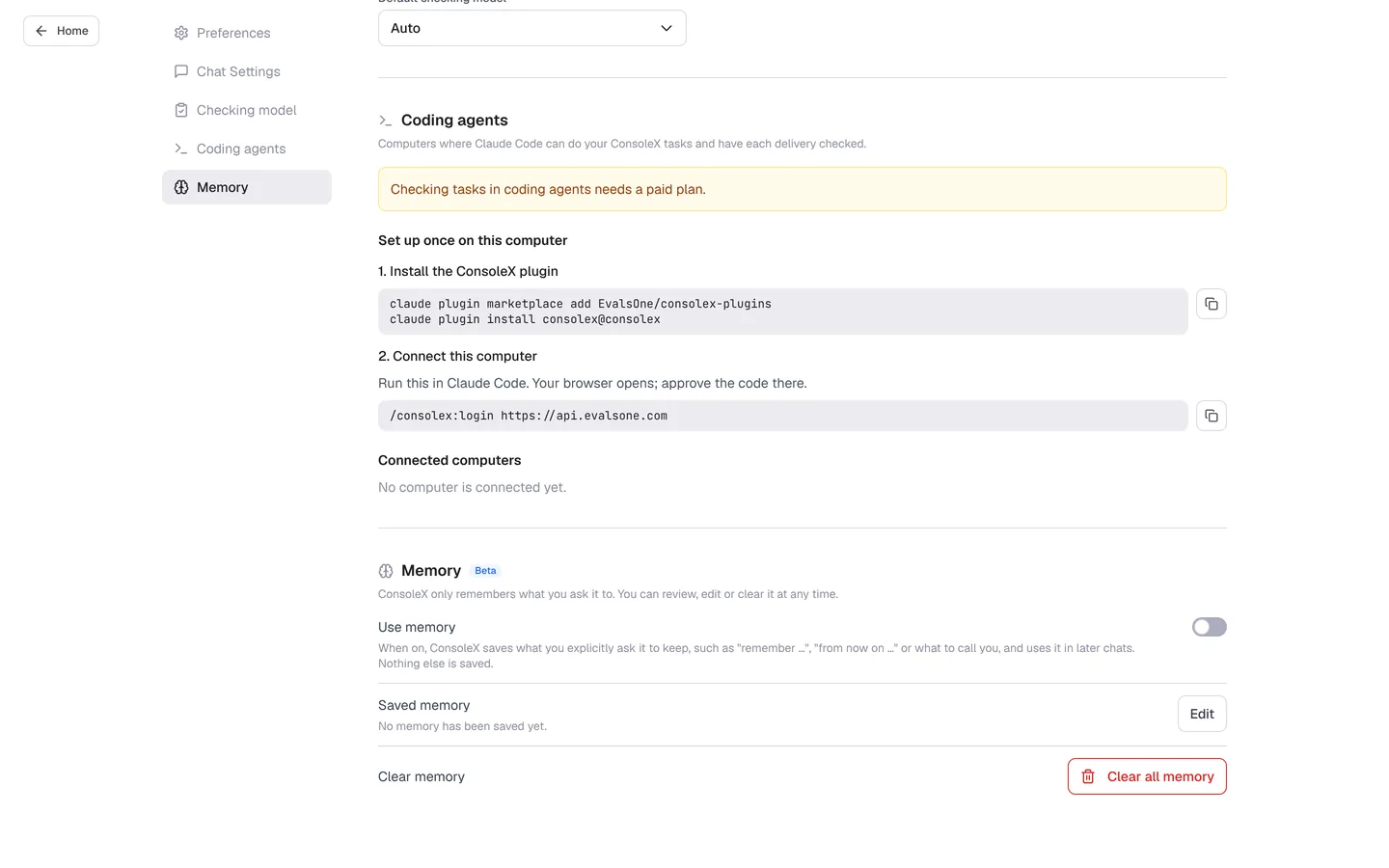 Settings, Coding agents and Memory sections