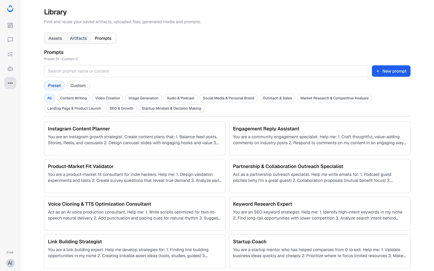 Library, Prompts tab with search, New prompt, Preset and Custom, and category filters