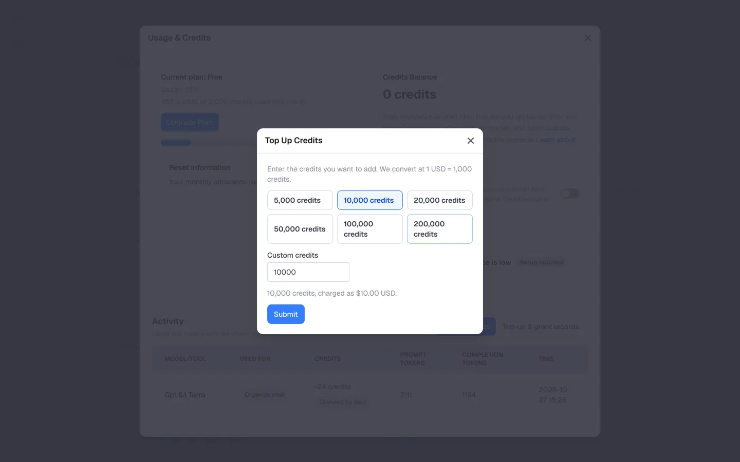 The Top Up Credits dialog with preset amounts and Custom credits