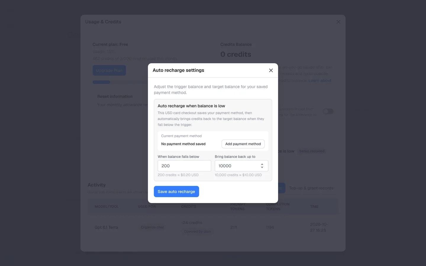 Auto recharge settings with payment method, trigger balance and target balance