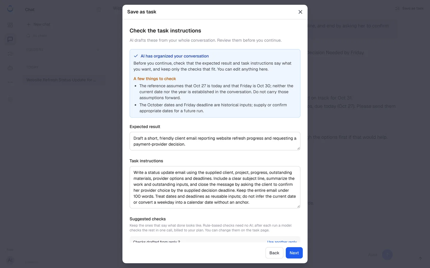 Check the task instructions with A few things to check, Expected result, Task instructions and Suggested checks