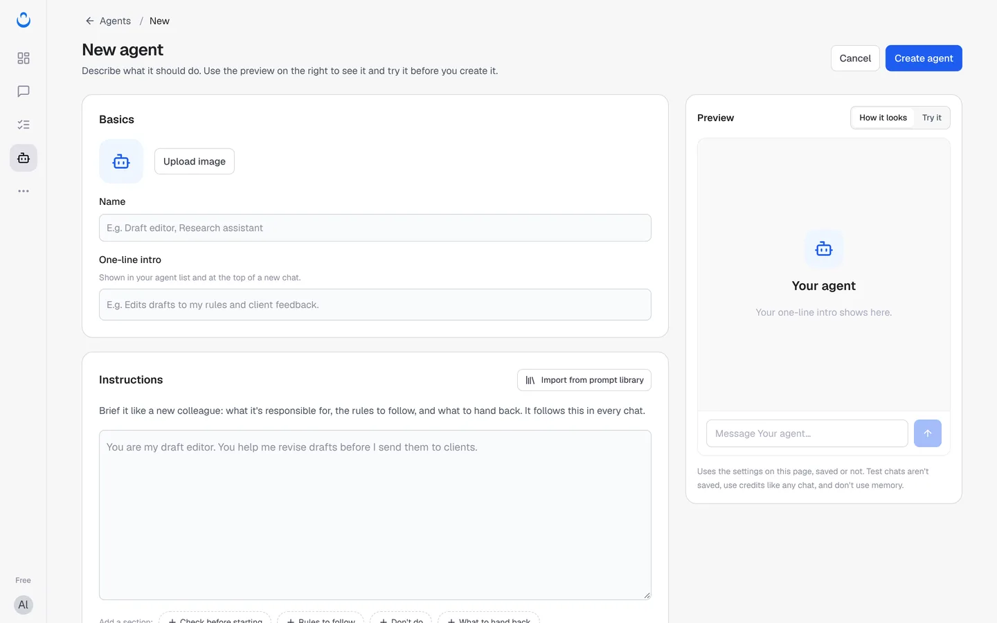 The New agent page with Basics, Instructions and the Preview panel