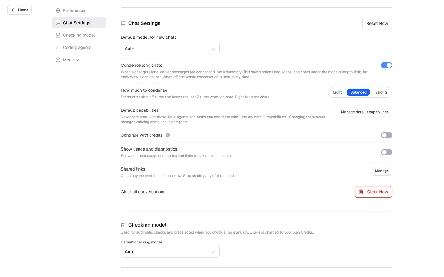 Settings, Chat Settings with Default model for new chats, and Checking model with Default checking model