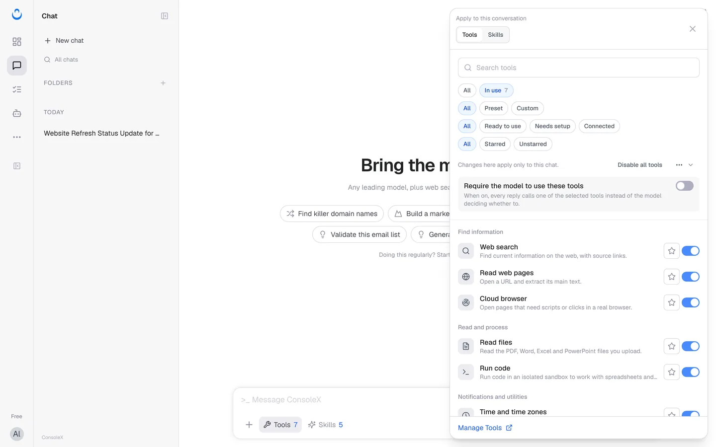 Tools panel: Apply to this conversation, with filters, switches and stars