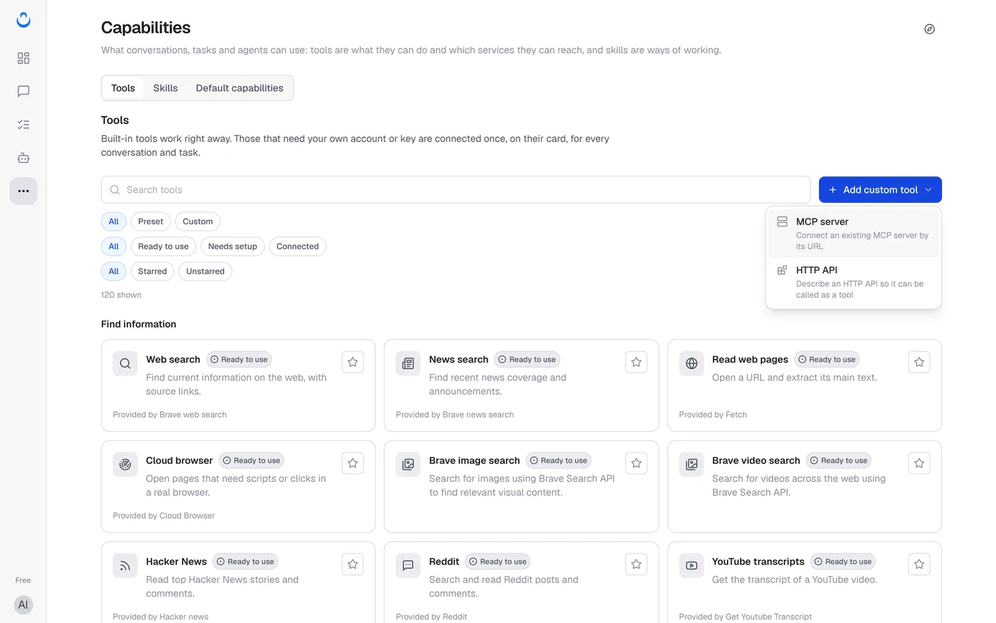 Add custom tool menu with MCP server and HTTP API