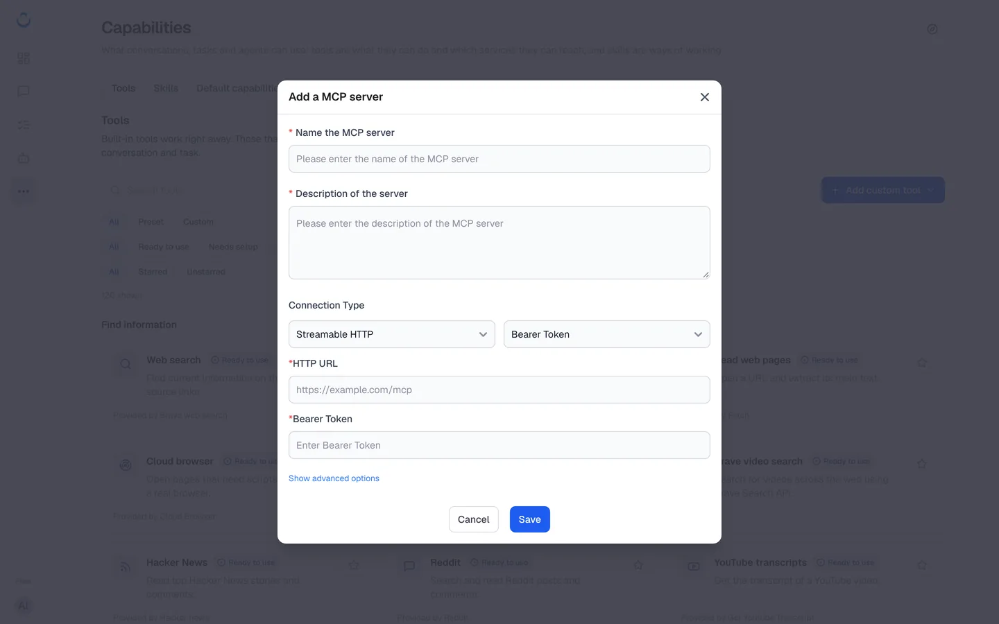 Add a MCP server dialog with name, description, connection type, authentication, HTTP URL and Bearer Token