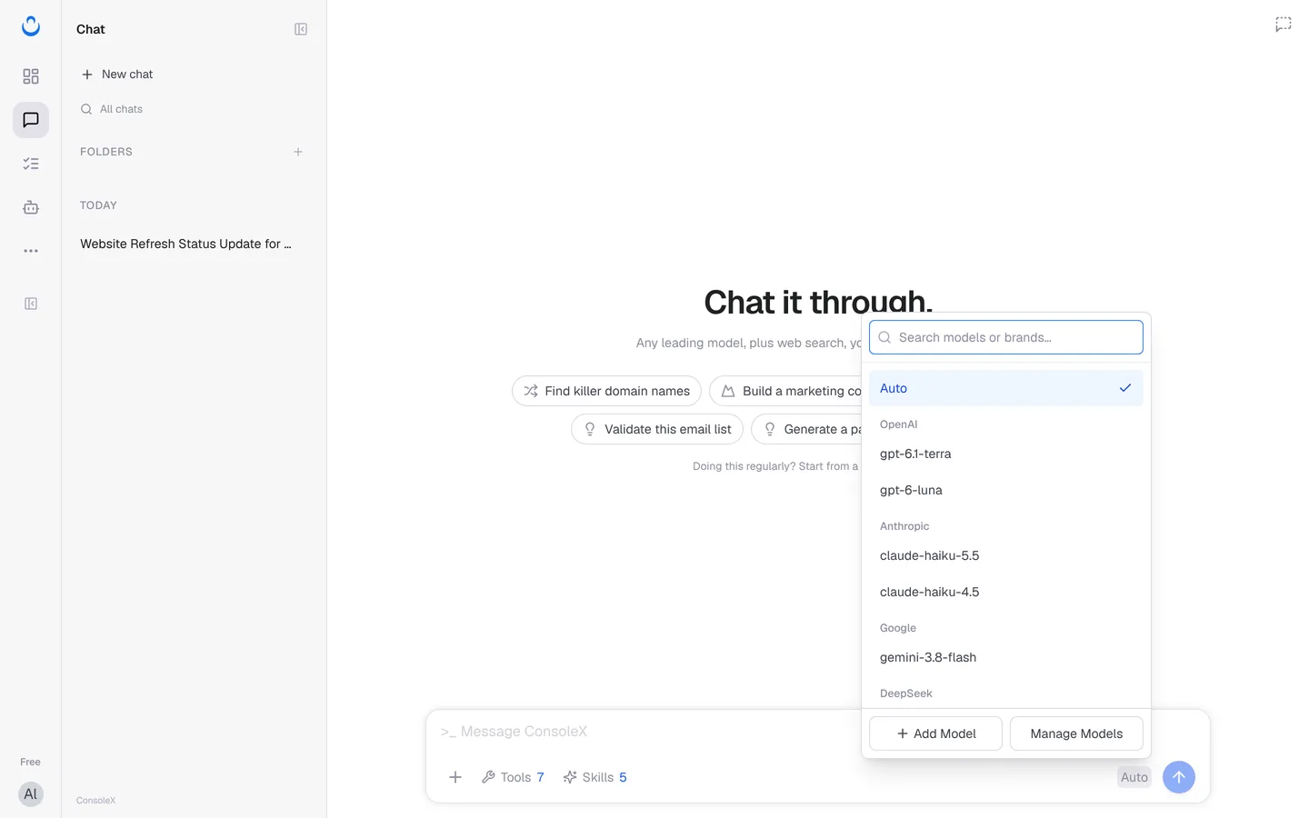 The model menu in the chat composer with Auto, models grouped by provider, Add Model and Manage Models
