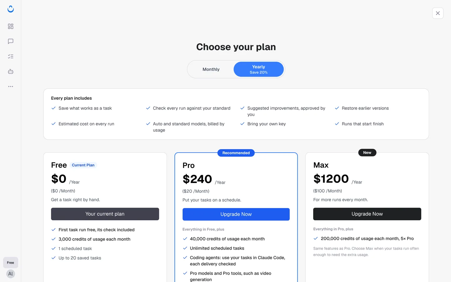 Choose your plan, yearly prices: Pro $240 and Max $1,200 per year
