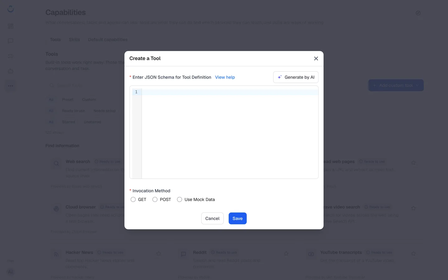 Create a Tool dialog with the JSON Schema editor, View help, Generate by AI and the Invocation Method options
