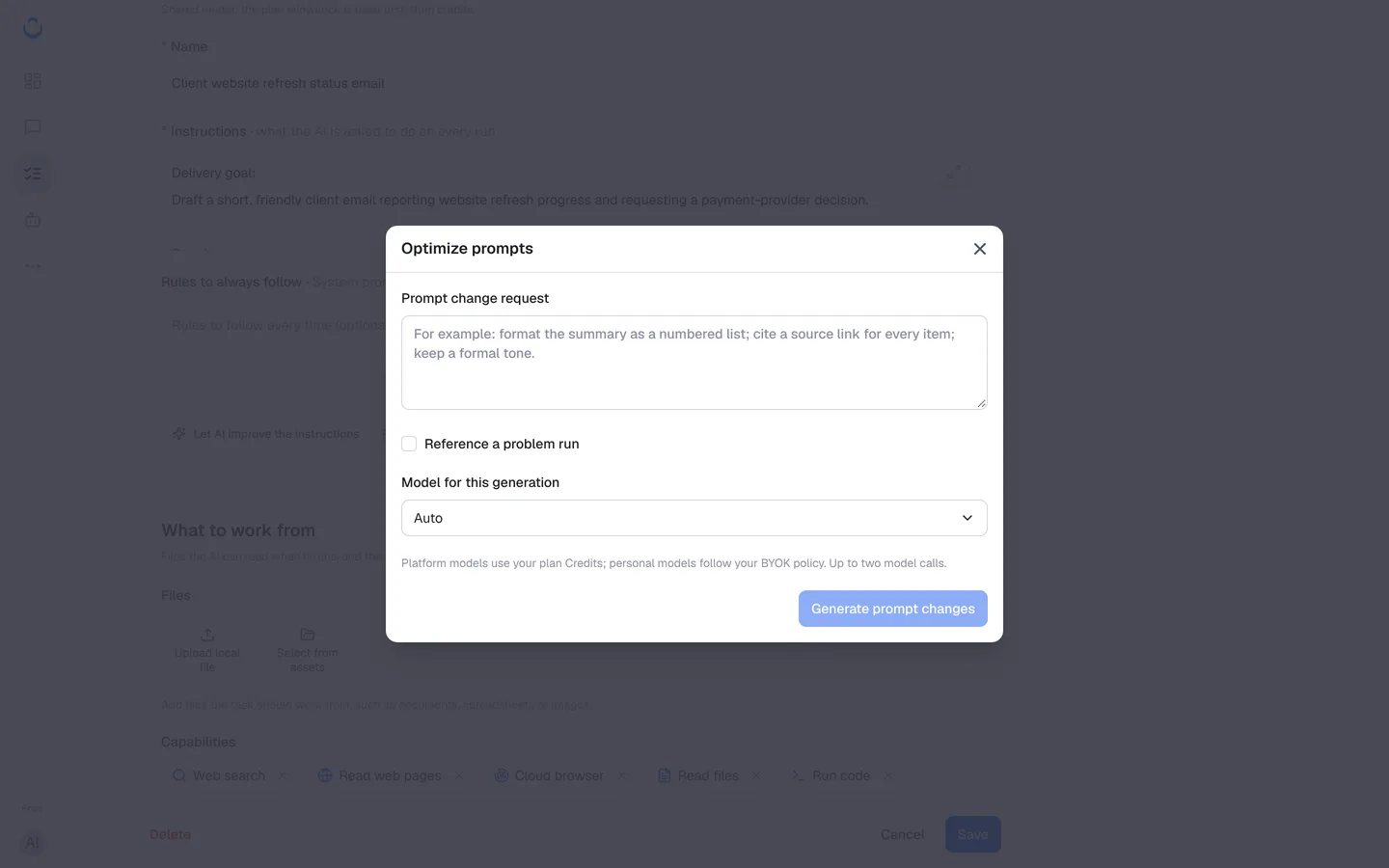 Optimize prompts opened from Let AI improve the instructions on the Config tab