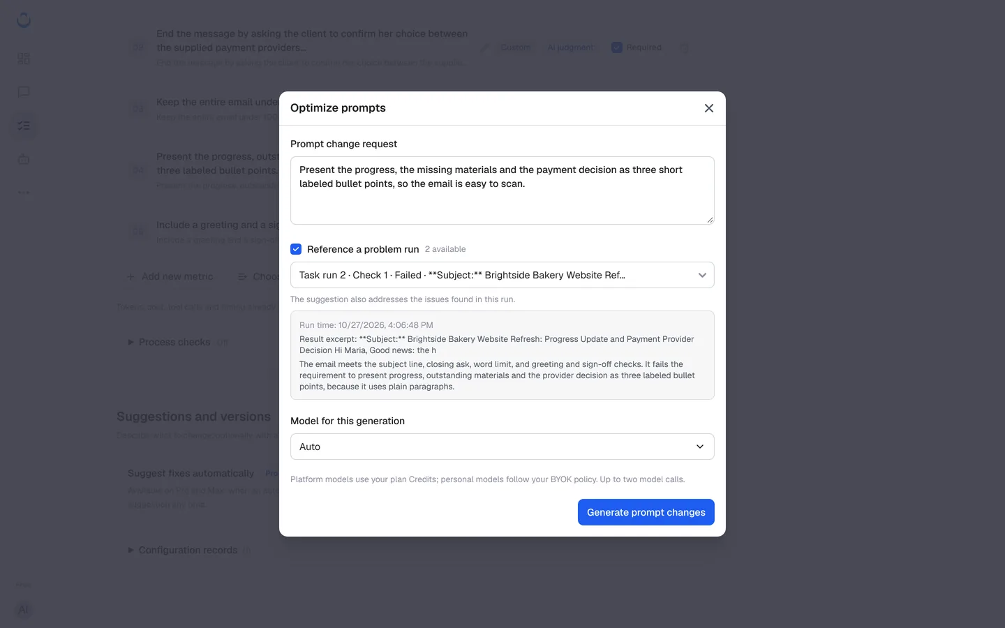 Optimize prompts with a change request and Task run 2 referenced as the problem run