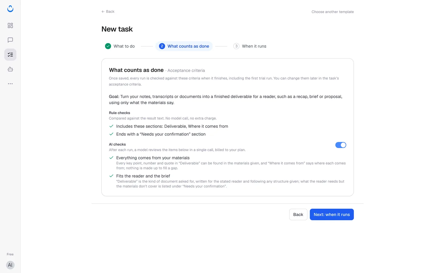 Step 2 What counts as done with Rule checks and AI checks for the Deliverable from your materials template