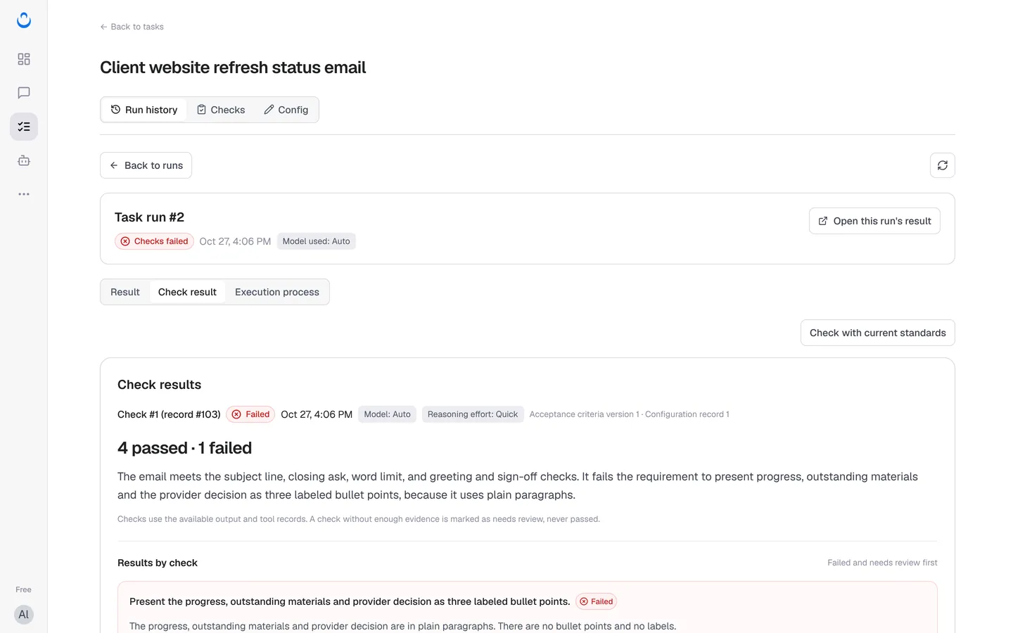 Check result for run #2: 4 passed, 1 failed, with model, reasoning effort and versions