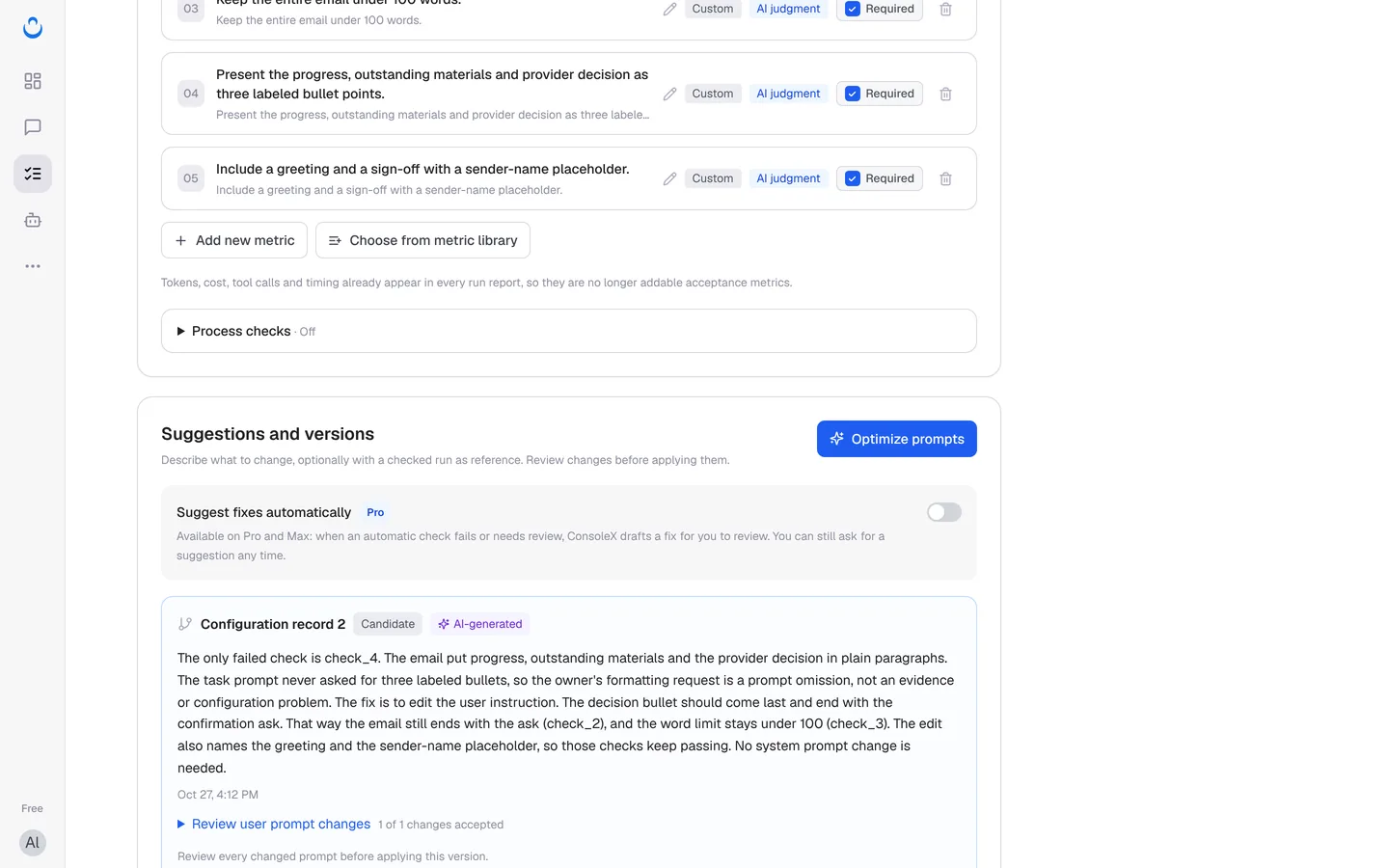 Configuration record 2, a candidate AI-generated suggestion with its explanation