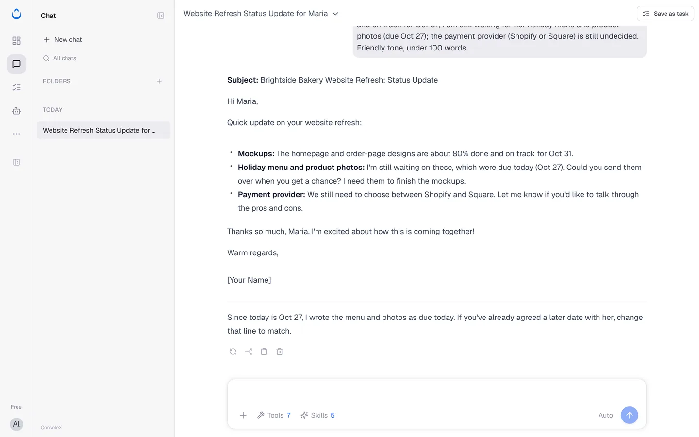 A chat with the reply, the message actions and Save as task at the top right