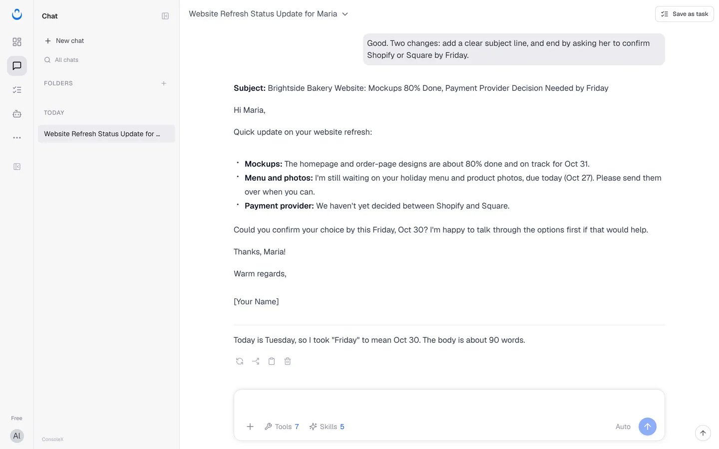 A chat with the corrected client status email and the Save as task button at the top right