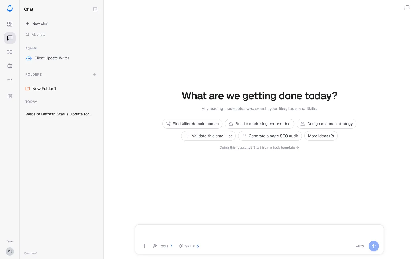 The chat sidebar with a pinned agent listed under Agents