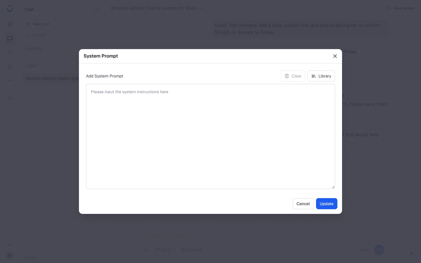 The System Prompt dialog with Clear, Library, Cancel and Update