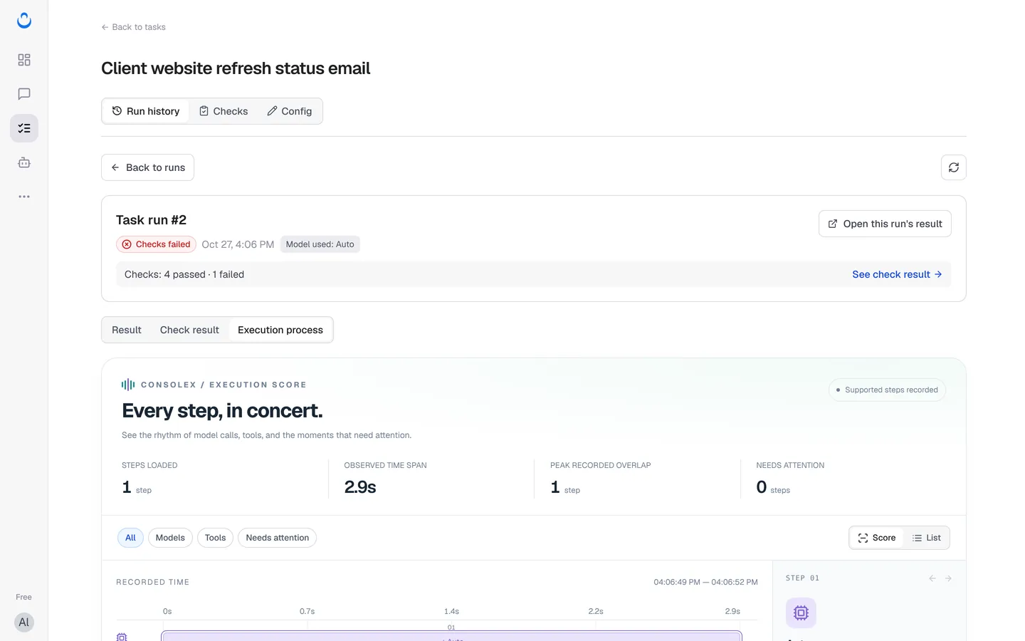 Execution process tab with step summary, filters and the recorded timeline