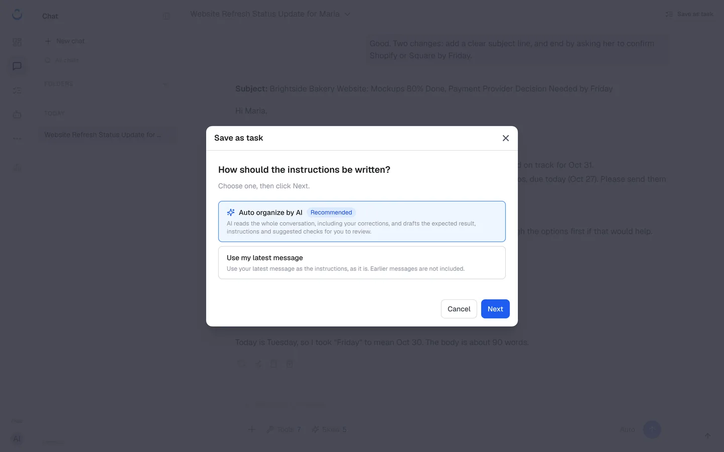 存为任务弹窗：AI 自动整理与用最后一条消息两个选项（英文界面）