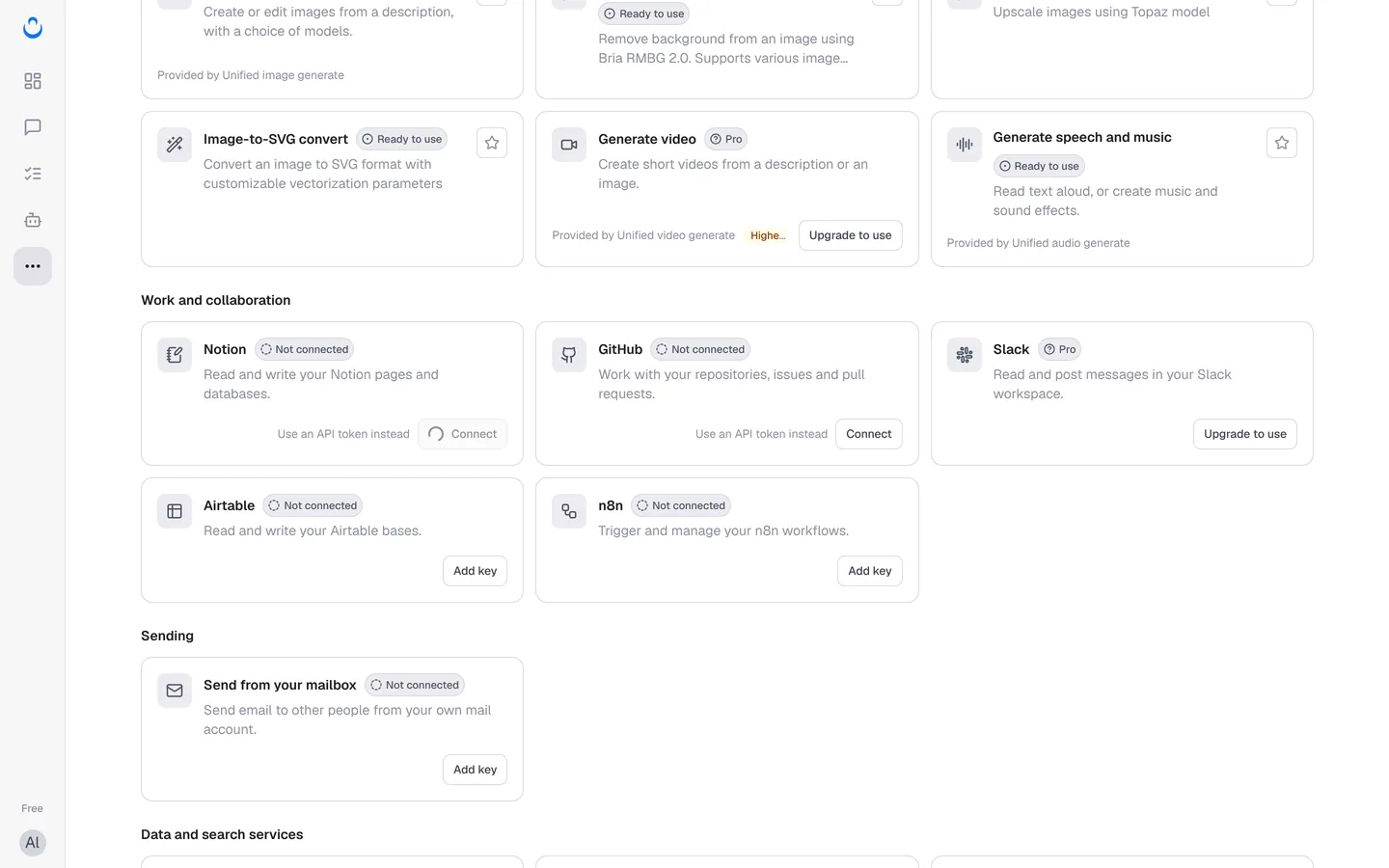 办公与协作类工具(英文界面),显示授权连接、改用 API token、填写 key 和升级后可用等按钮