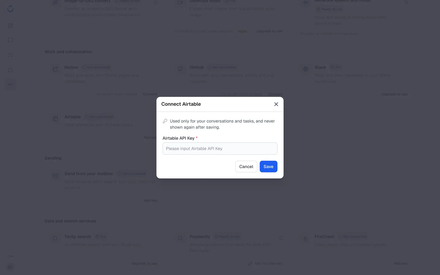 连接 Airtable 的弹窗（英文界面），要求填写 Airtable API Key