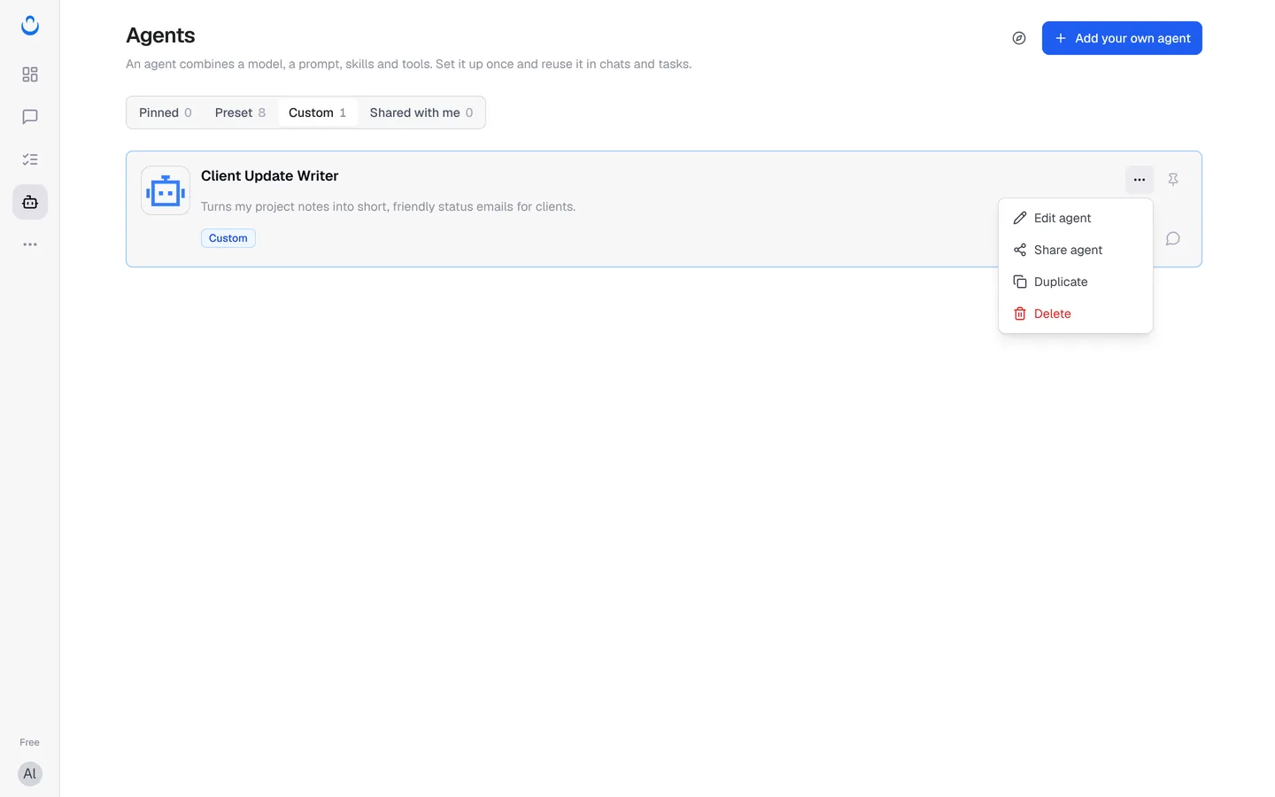 自定义智能体的更多操作菜单（英文界面）：Edit agent、Share agent、Duplicate、Delete