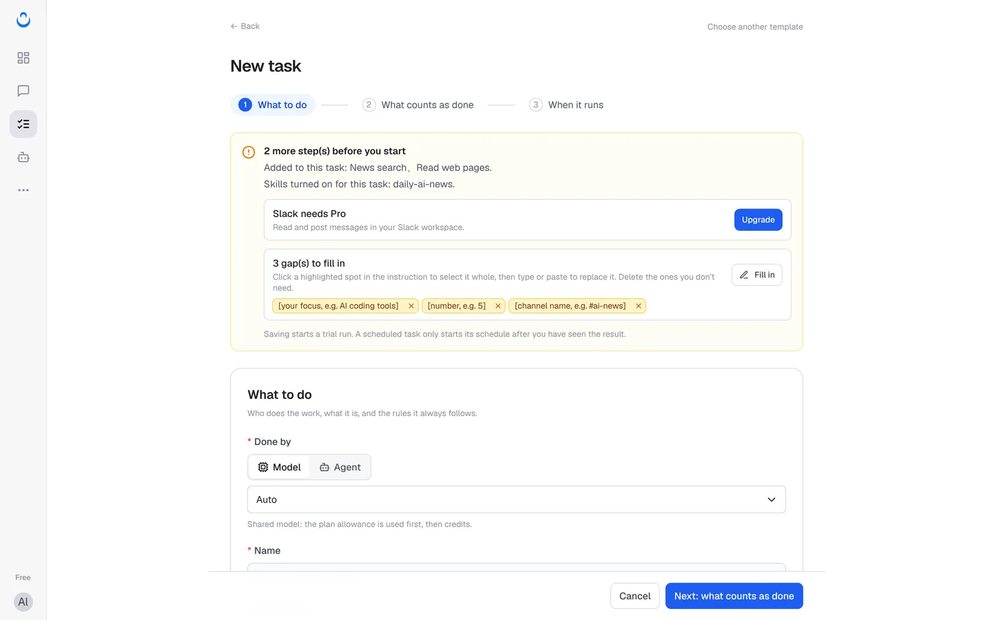 AI news digest to Slack 模板提示 Slack 需要专业版，并列出 3 处待填空位（英文界面）