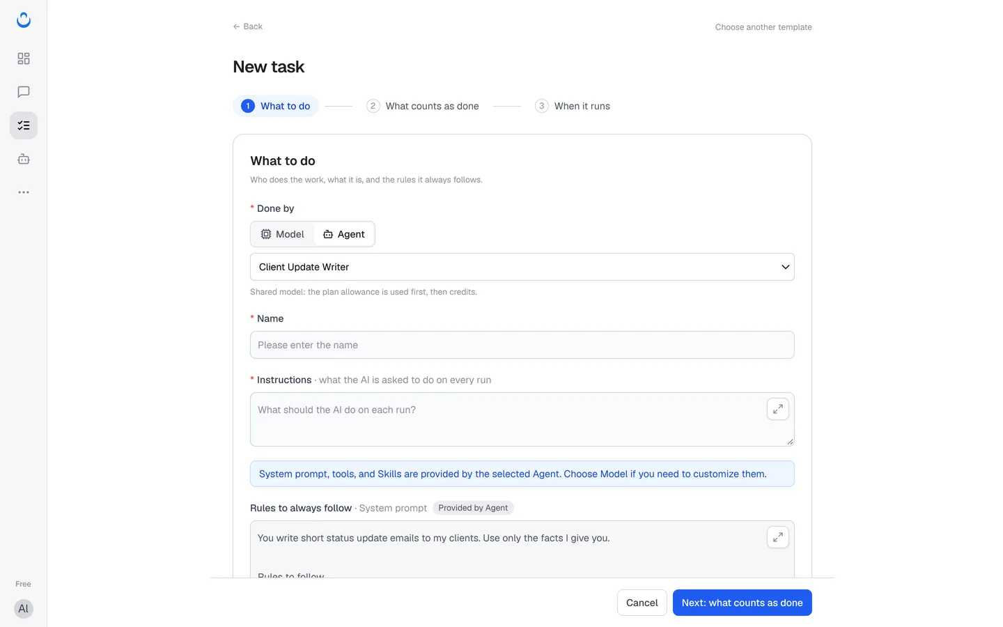 新建任务，执行者选择了智能体 Client Update Writer